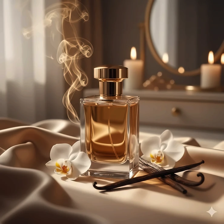 A luxury bottle of sexy vanilla perfume placed on a silk cloth with vanilla beans and orchids.