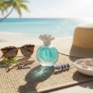 A flat lay illustration of a sun hat, sunglasses, and a bottle of aquatic perfume for a beach vacation.