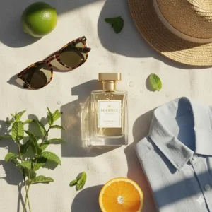 A men's citrus cologne bottle depicted next to sunglasses and linen clothing for a summer aesthetic.