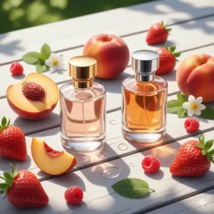 A bright flat lay of sweet fruity perfumes surrounded by fresh summer peaches and strawberries.