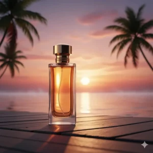 A long-lasting summer tropical perfume bottle catching natural sunlight on a tropical island terrace.