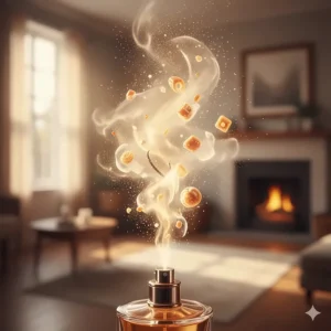 An abstract illustration of a golden mist or scent cloud representing the long-lasting sillage of a gourmand dessert perfume.