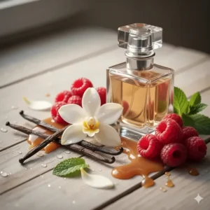 Artistic representation of sweet fruity perfume notes including vanilla pods and ripe raspberries.