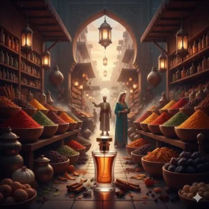 An illustration of traditional spice markets and resins that inspire modern sensual oriental perfumes for women.