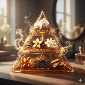 An infographic showing the scent layers of a sexy vanilla perfume including top floral notes and a deep amber base.