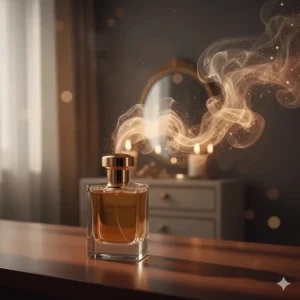 An abstract illustration representing the seductive scent trail and sillage of a warm vanilla perfume.