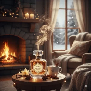 A cozy winter setting featuring a warm, sexy vanilla perfume suited for cold weather.