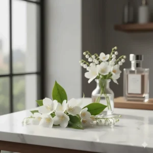 Delicate jasmine and lily of the valley flowers, representing the floral side of popular clean scent perfumes.