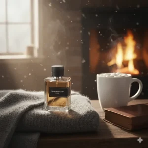 A cozy winter setting showing a bottle of warm sandalwood cologne next to a wool sweater.