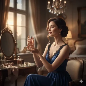 A woman gracefully applying a sensual oriental fragrance to her wrist during an elegant evening out.