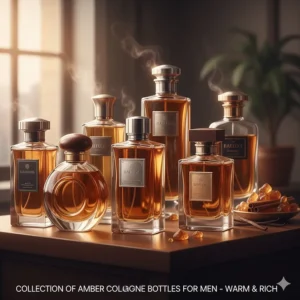 A collection of various amber-colored cologne bottles for men displayed on a shelf.
