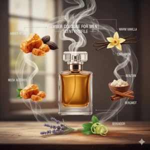 A breakdown of fragrance notes found in amber cologne for men featuring resins, vanilla, and musk.
