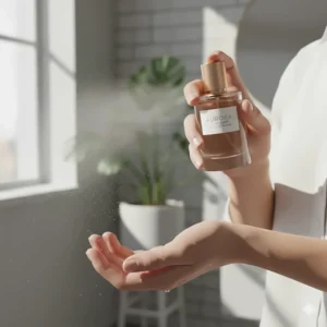 An illustration of a person spritzing a clean perfume on their wrist, emphasizing a fresh, everyday lifestyle.