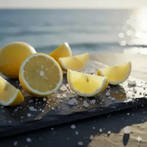 Fresh lemon slices and sea salt crystals representing the top notes of a crisp aquatic cologne for men.