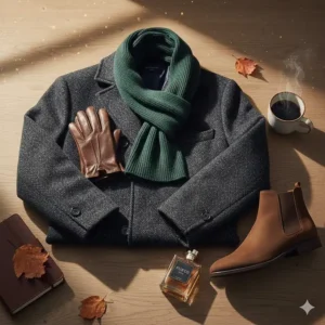 A flat lay of a wool coat and leather gloves, suggesting suede cologne for men as a cold-weather scent.