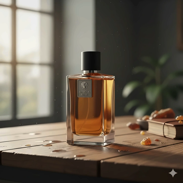 A luxury bottle of amber cologne for men sitting on a wooden table with warm ambient lighting.