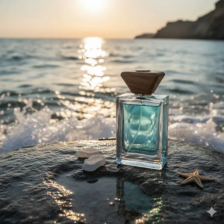 A luxury bottle of aquatic cologne for men resting on a wet seaside rock with ocean waves in the background.