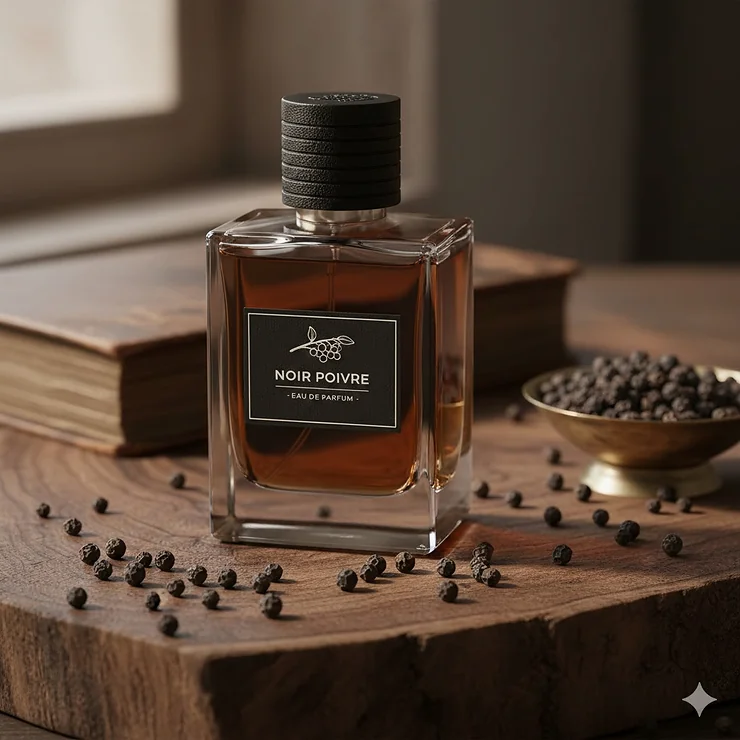 A luxury glass bottle of black pepper cologne for men placed on a dark wooden surface with scattered whole black peppercorns. black pepper cologne men