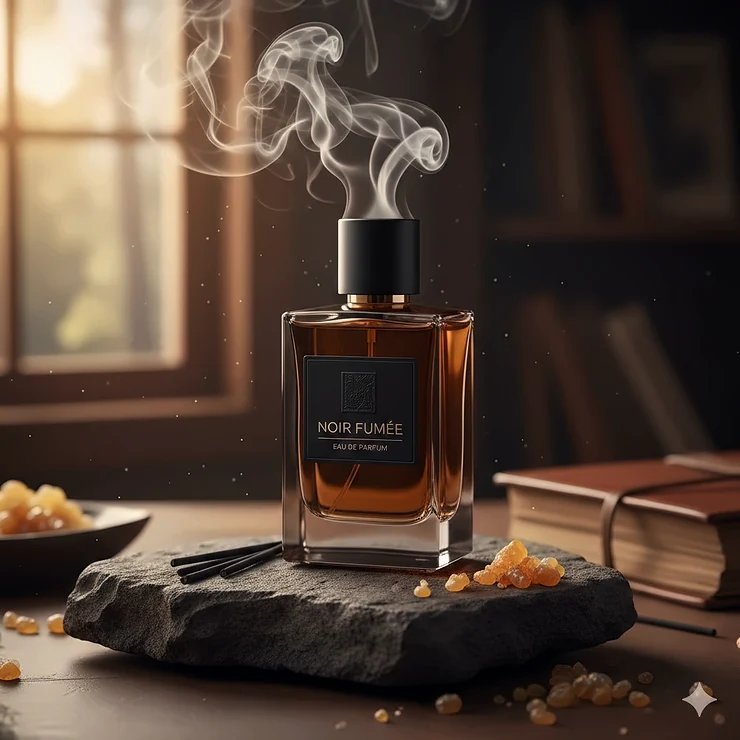 A luxury bottle of incense-based cologne for men set against a dark slate background with elegant wisps of smoke. incense cologne for men