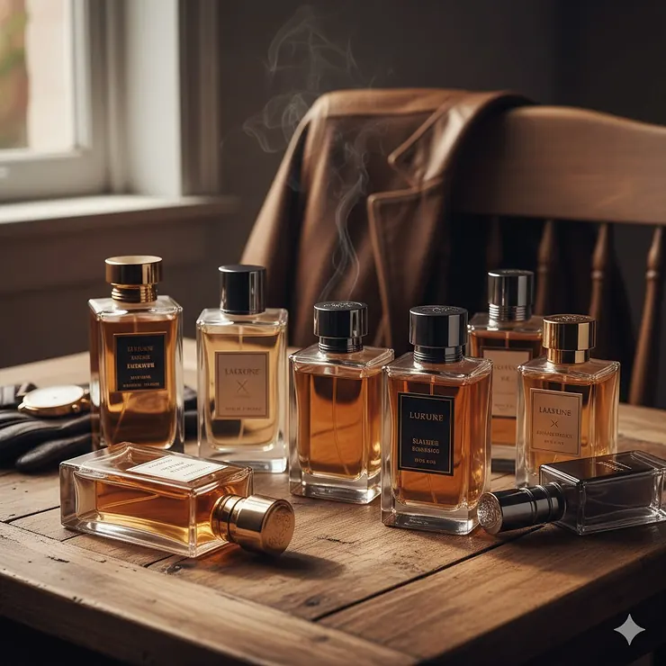 A collection of luxury leather cologne bottles for men arranged on a rustic wooden table with a leather jacket.