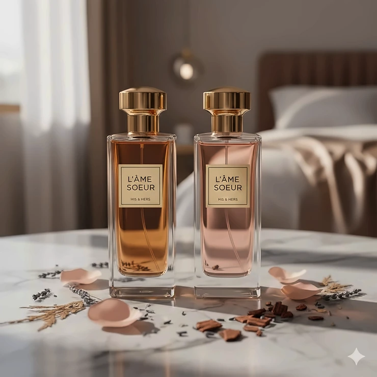 A luxury set of matching perfume for couples featuring two elegant glass bottles side-by-side on a marble surface.