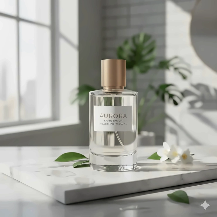 A minimalist glass bottle of unisex clean perfume sitting on a marble surface with natural sunlight and soft shadows.