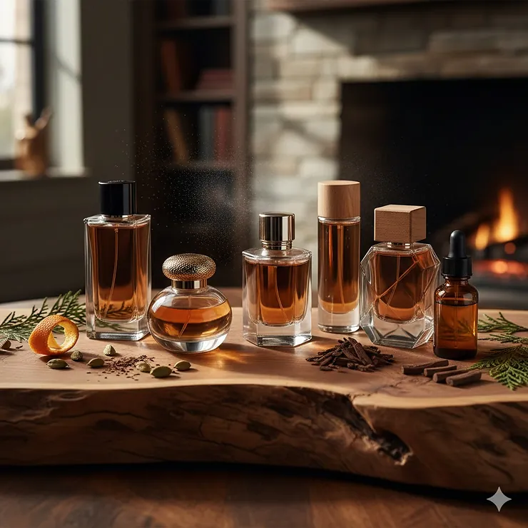 A luxurious collection of unisex woody perfume bottles arranged on a rustic cedar wood surface with soft ambient lighting.
