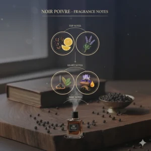 An infographic showing black pepper as a top note in men's cologne with citrus and woody base notes.