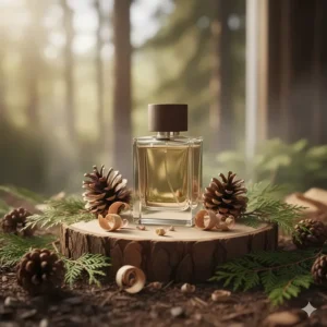 Fresh cedar branches and pine cones surrounding a minimalist fragrance bottle to illustrate forest-inspired scents.