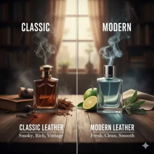 A side-by-side visual comparison of traditional smoky leather scents versus modern, fresh leather perfumes.