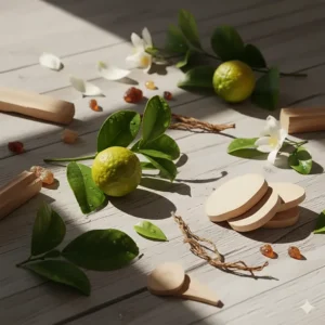 An artistic layout of botanical ingredients like bergamot and sandalwood used in unisex clean perfume.