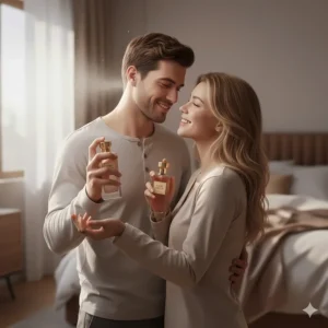 A lifestyle illustration of a couple getting ready together, highlighting their matching signature scents.