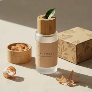 Close-up illustration of recyclable glass and bamboo caps for a sustainable clean perfume brand.