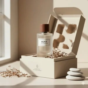 Sustainable and minimalist perfume packaging design using recycled glass and paper.