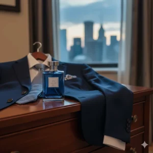 A deep blue cologne bottle next to a navy suit, suggesting an aquatic fragrance for evening wear.