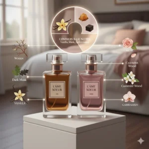An infographic illustration showing how matching perfume for couples shares complementary base notes like vanilla and musk.