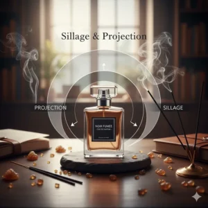 A diagram illustrating the strong sillage and projection of high-quality incense-based perfumes.