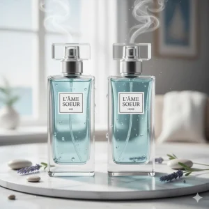 Two blue-tinted perfume bottles representing fresh, aquatic scents for a matching couple's set.