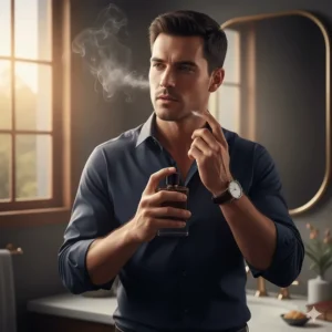 A man applying incense cologne to pulse points on the neck and wrist for a long-lasting scent.