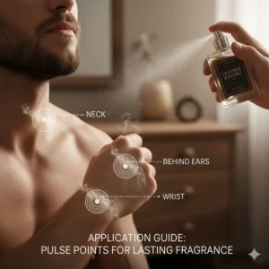 A diagram showing the best pulse points for applying smoky leather cologne on a man’s neck and wrists.