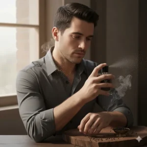 Illustration of a man applying black pepper cologne to pulse points on the neck and wrist for a long-lasting scent.