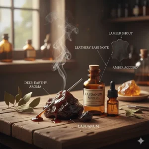 Illustration of the labdanum resin used to provide deep, leathery base notes in masculine colognes.