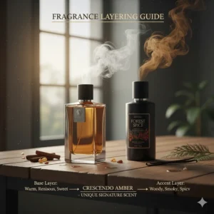A visual guide on how to layer amber cologne for men with woody or spicy secondary scents.