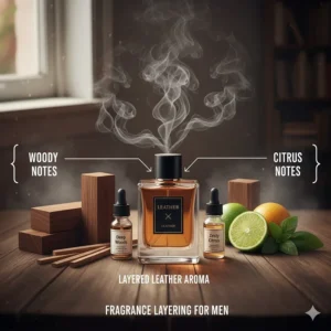 Illustration showing how to layer leather cologne with woody or citrus scents for a custom masculine aroma.