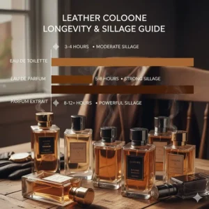 A chart comparing the longevity and sillage of different types of leather colognes for men.