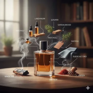 An infographic showing scent notes of leather cologne for men including birch tar, saffron, and suede.