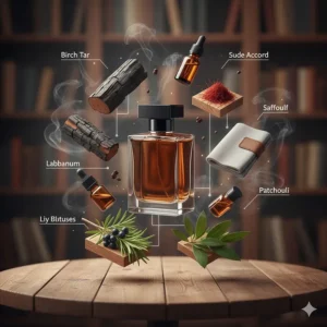 Illustration of raw materials used in men's leather fragrances such as labdanum, juniper, and tanned hides.