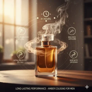 An infographic highlighting the long-lasting performance and sillage of amber-based colognes.