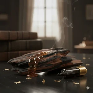 An artistic representation of dark oud wood resin, a common high-end ingredient in unisex woody perfumes.