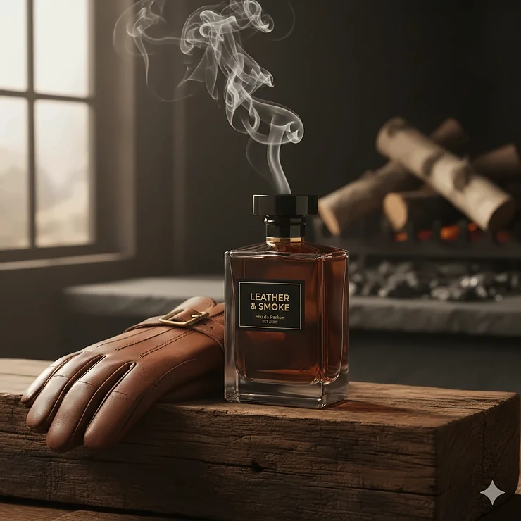 A luxury bottle of smoky leather cologne for men set against a rustic wooden background with ambient smoke. smoky leather cologne men